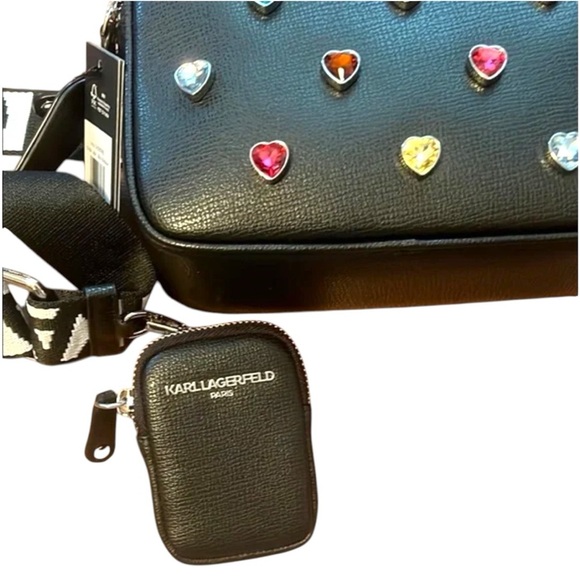 KARL LAGERFELD PARIS Maybelle Black Crossbody Bag Satchel, Rainbow Heart Accents - Picture 8 of 16